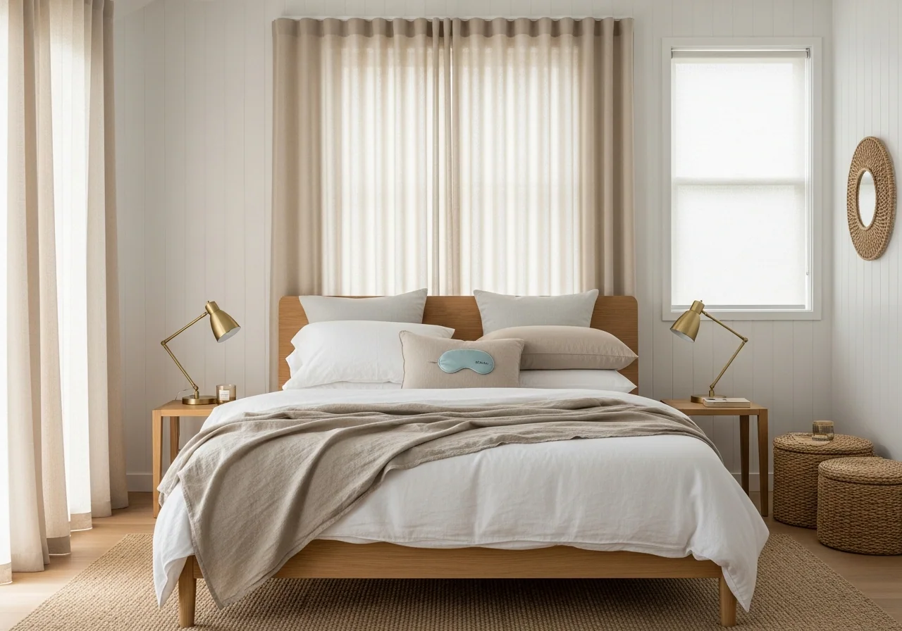 A protected daytime sleep zone — cream linen curtains drawn against the daylight, a neatly made bed layered in oatmeal and white linen and a sleep mask resting on the pillow.